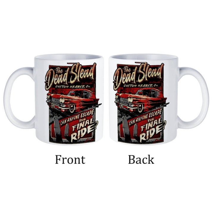 Dead Slead white ceramic mug featuring a custom hearse design, ideal for coffee or tea lovers.