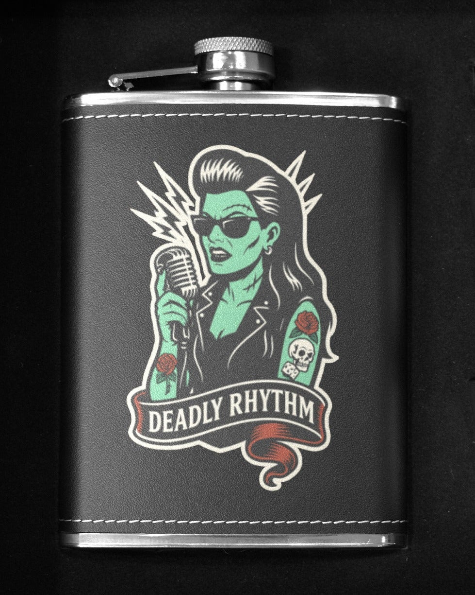 Deadly Rhythm 8 oz black hip flask featuring a rockabilly design with a green woman and retro microphone.