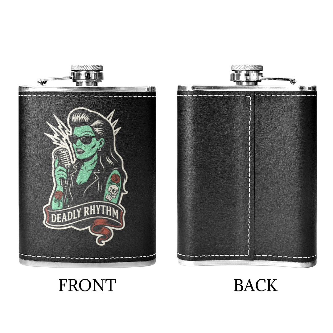 Deadly Rhythm 8 oz black hip flask featuring a retro design with a mic illustration, front and back views.