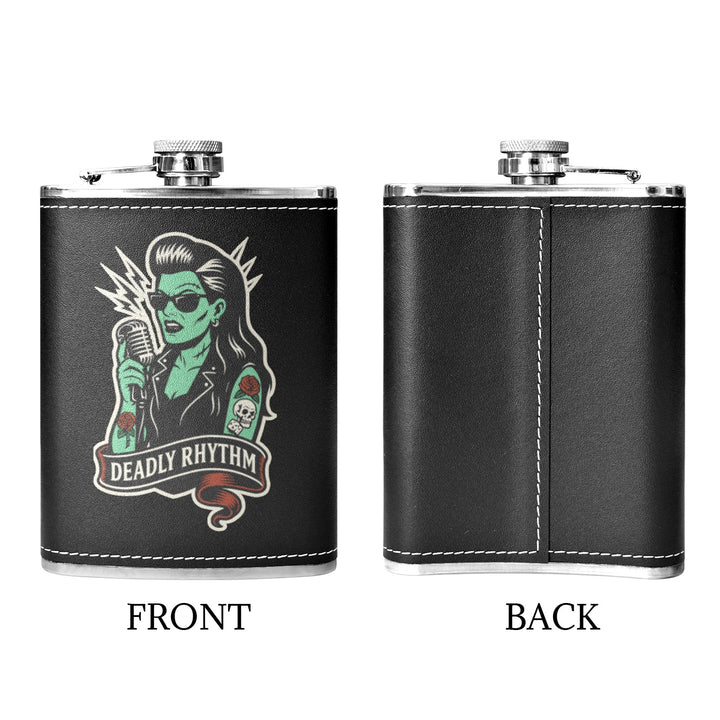 Deadly Rhythm 8 oz black hip flask featuring a retro design with a mic illustration, front and back views.