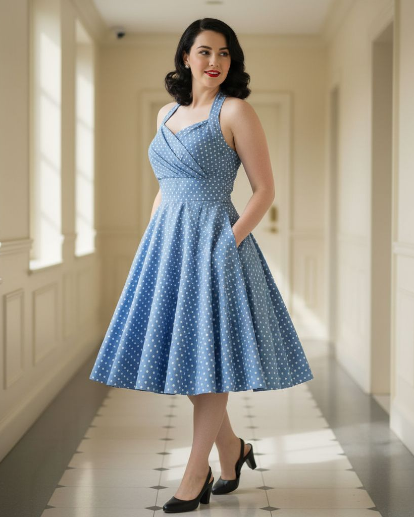 Woman in a blue polka dot dress standing in a sunlit hallway.