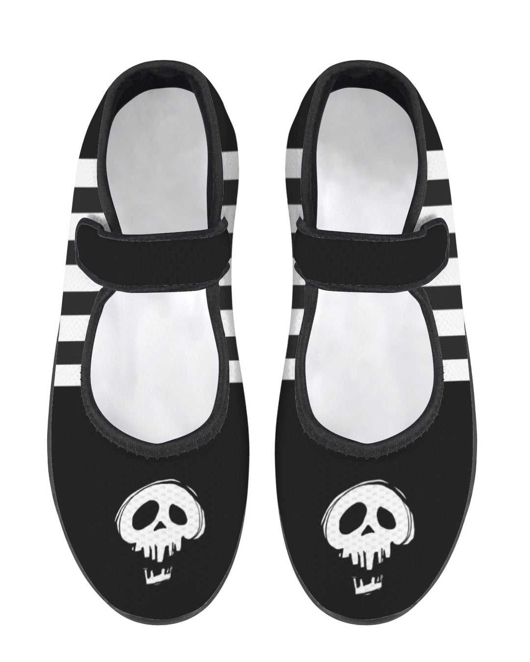 Black shoes with white skull designs and striped straps on a white background