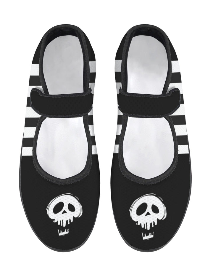 Black shoes with white skull designs and striped straps on a white background