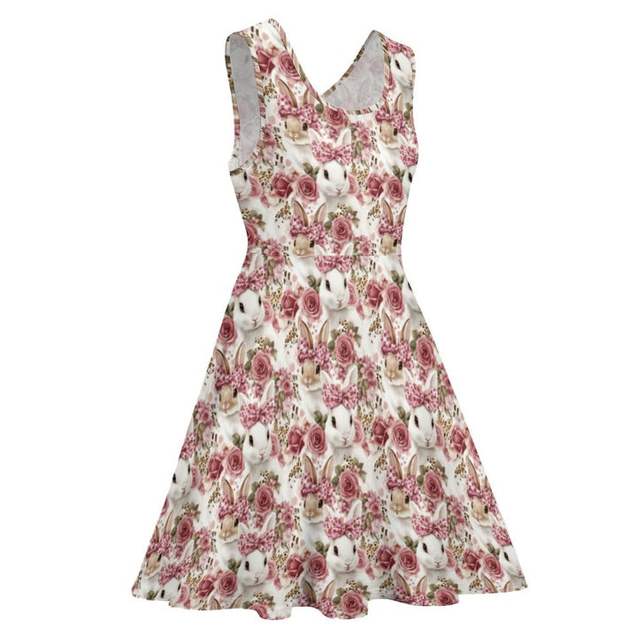 Retro rabbit floral swing dress white background