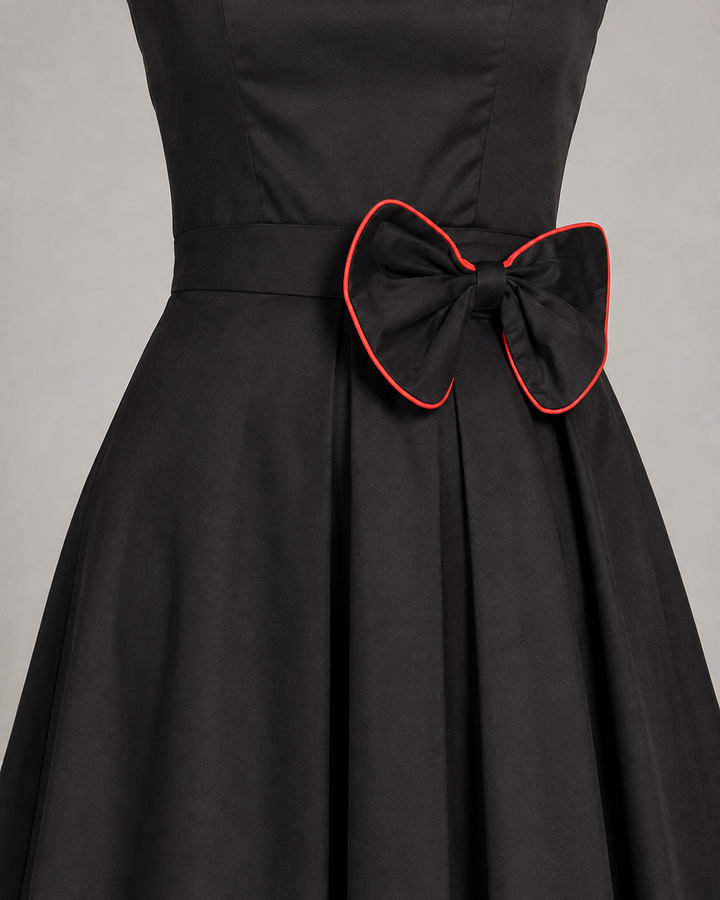 A close-up of a black dress with a large bow at the waist, trimmed with bright red piping, shown against a neutral gray background.