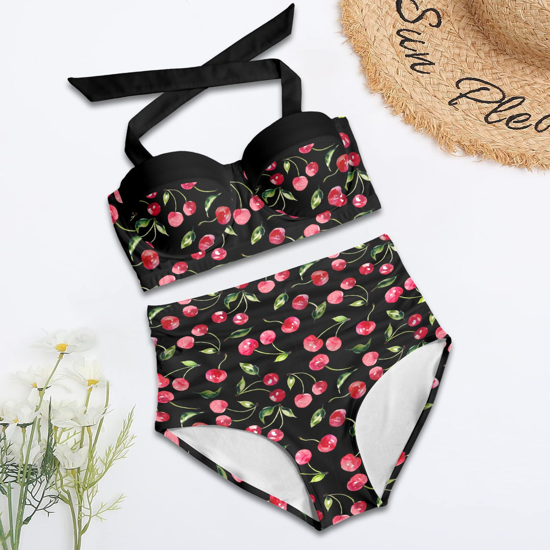 Cherry Bomb Black High-Waisted Bikini