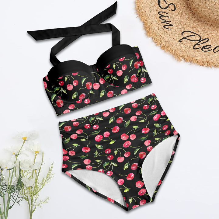 Cherry Bomb Black High-Waisted Bikini