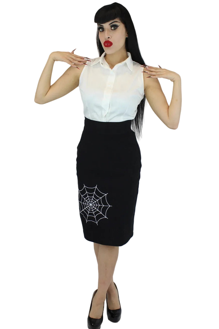 Hemet black pencil skirt with white spiderweb embroidery