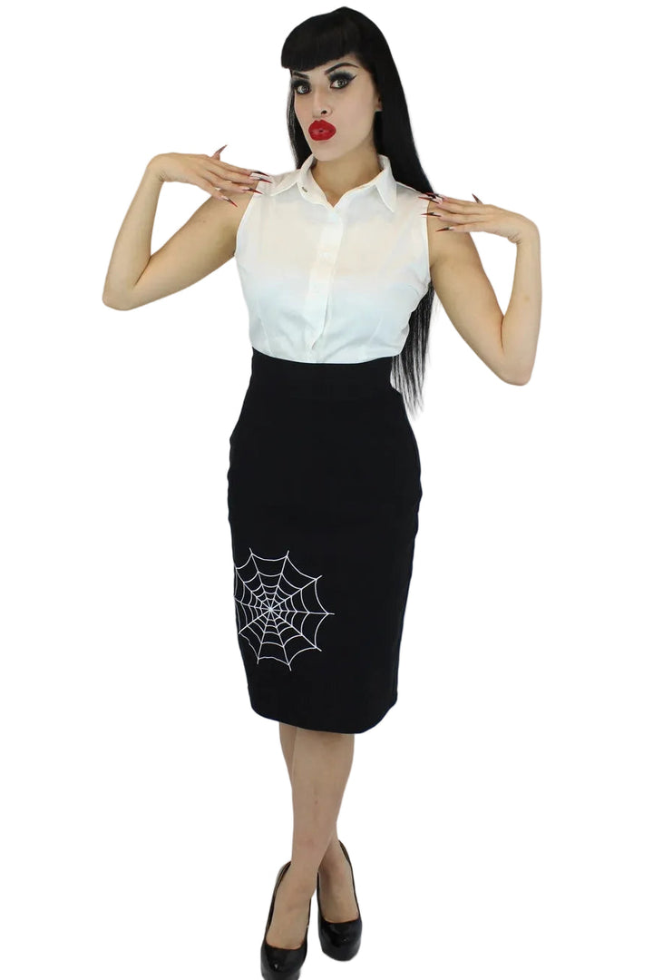 Hemet black pencil skirt with white spiderweb embroidery