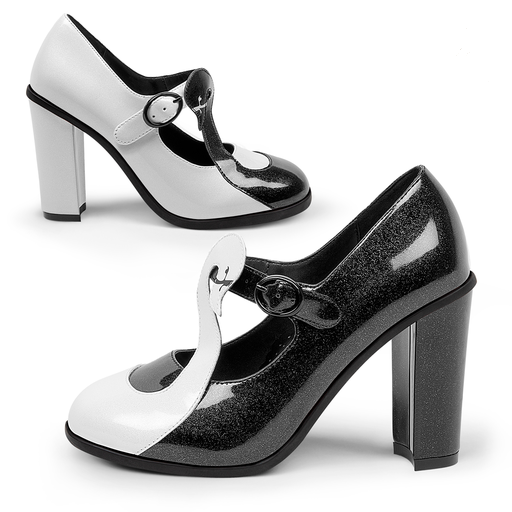 Hot Chocolate Design Black Swan High Heels featuring glitter patent finish, platform design, perfect for retro style lovers.