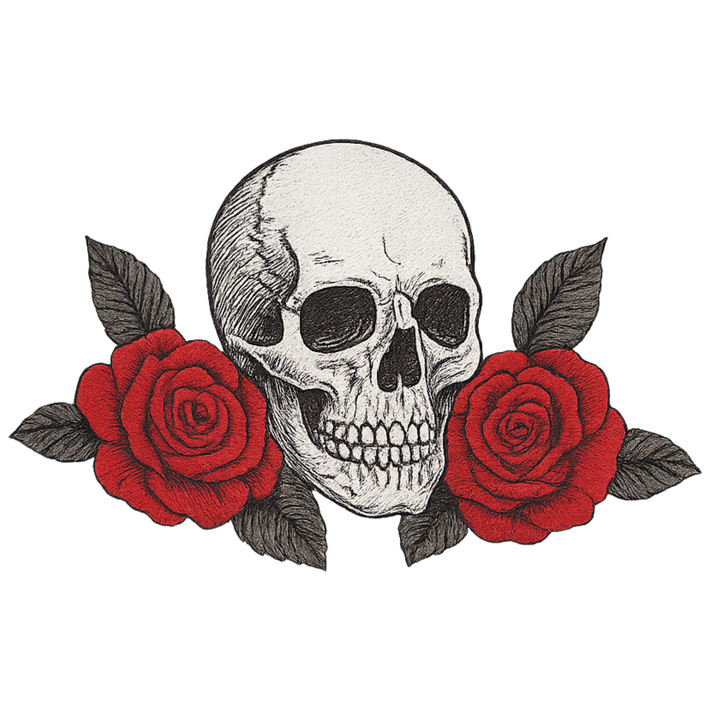 Skull design with red roses and green leaves on a white background
