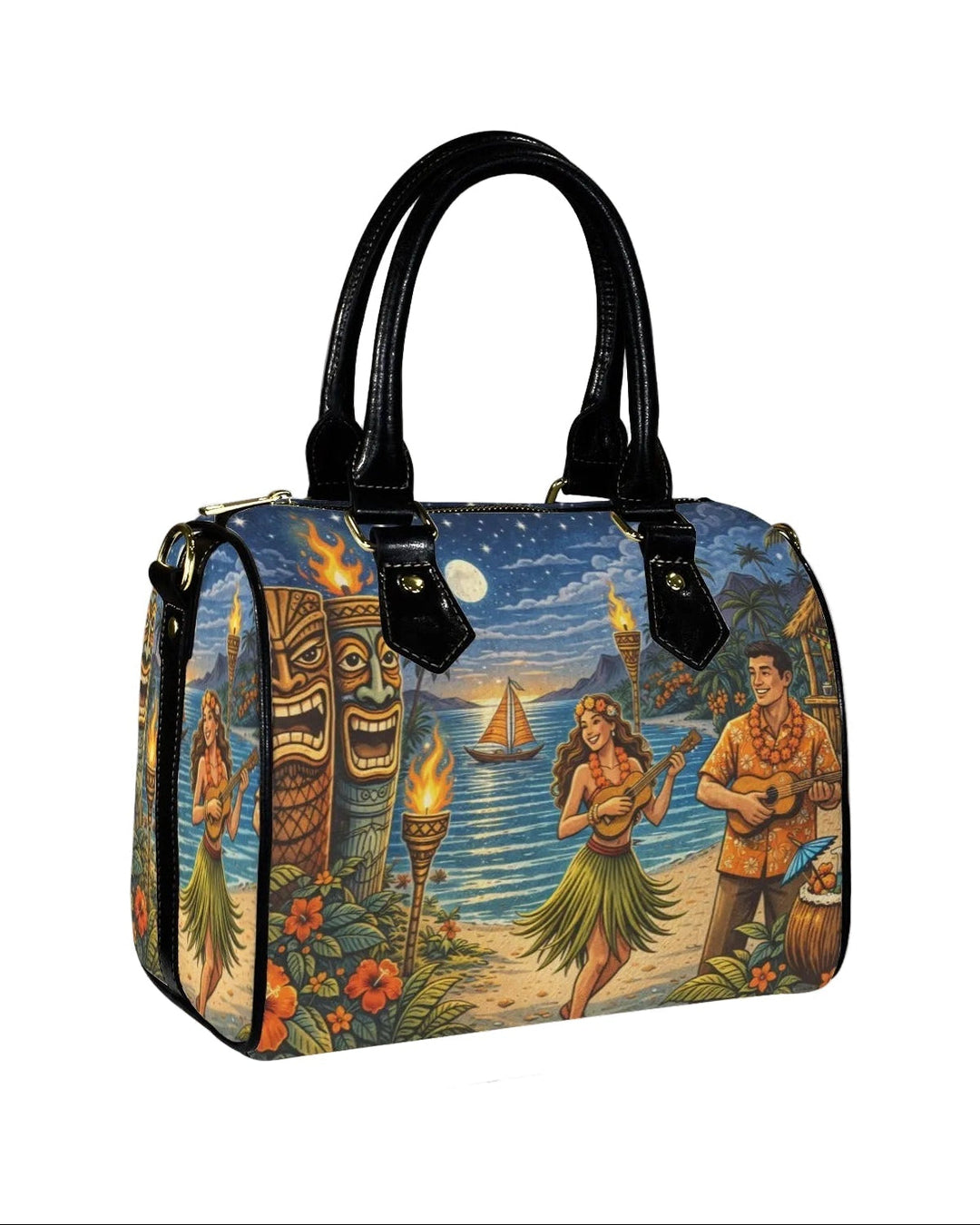Handbag with Hawaiian-themed design and size measurements on a white background