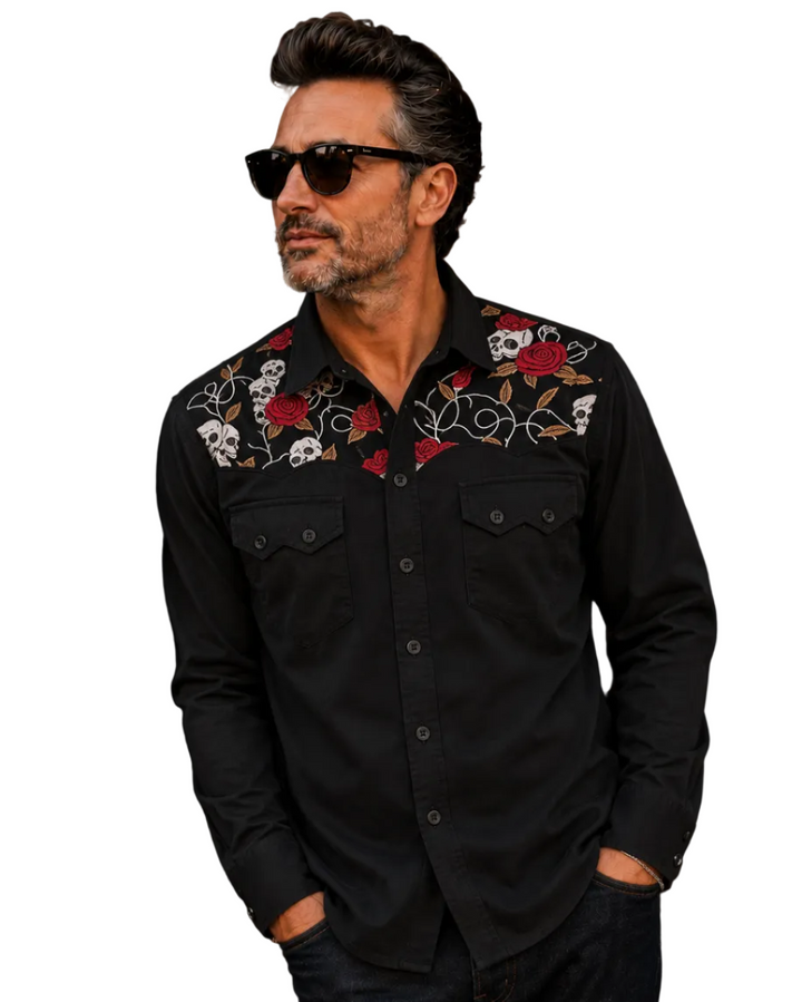 Chemise Western Homme Crânes & Roses Style Rockabilly Rétro