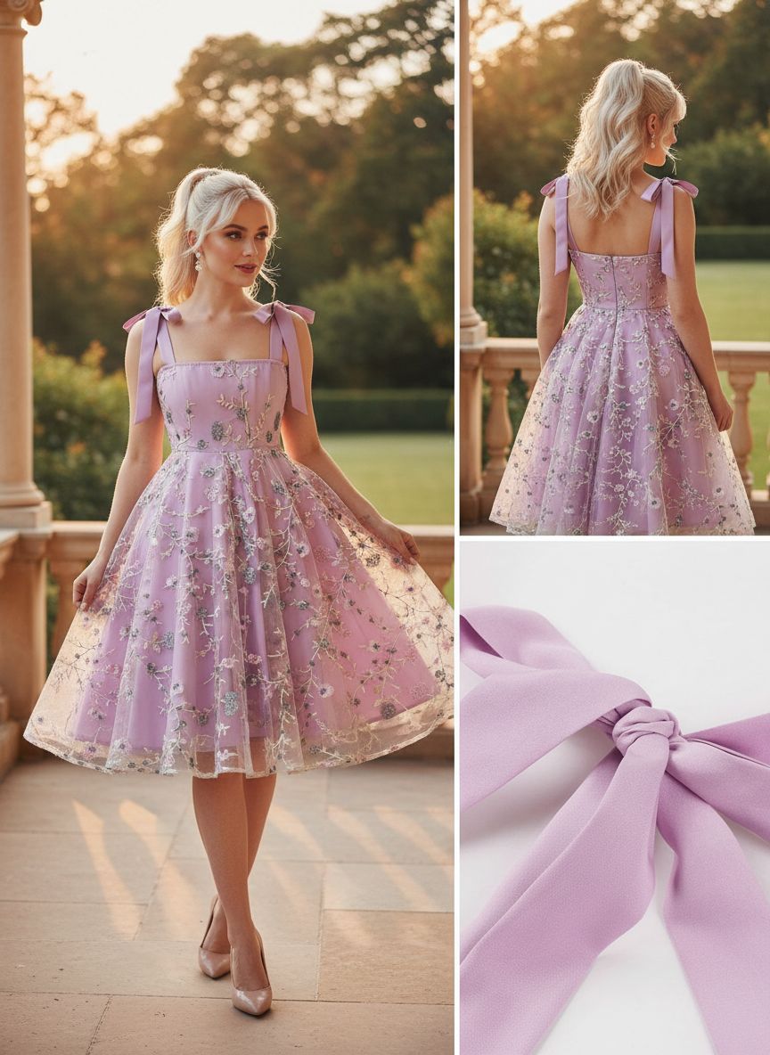 Woman wearing a pink floral dress with bow straps in an outdoor setting.