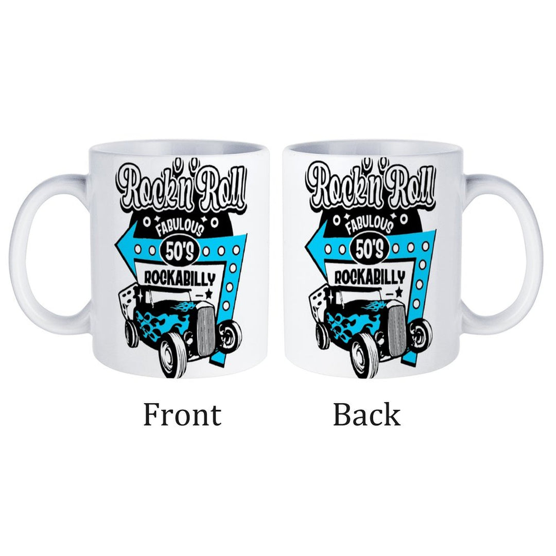 Fabulous 50's Rock n Roll white mug with retro design, showcasing Rockin' Roll and Rockabilly graphics, front and back views.