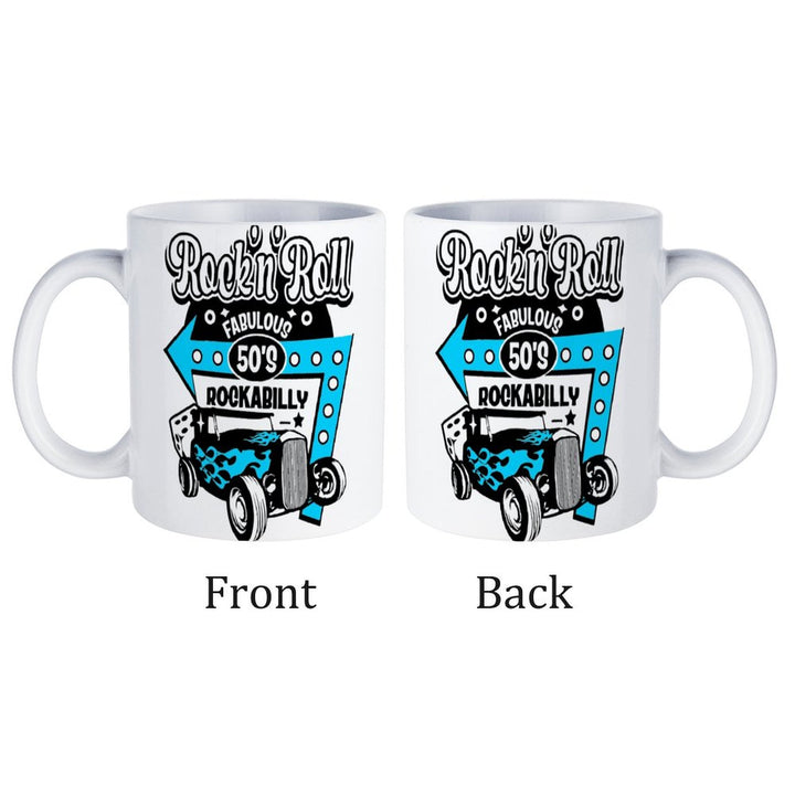 Fabulous 50's Rock n Roll white mug with retro design, showcasing Rockin' Roll and Rockabilly graphics, front and back views.