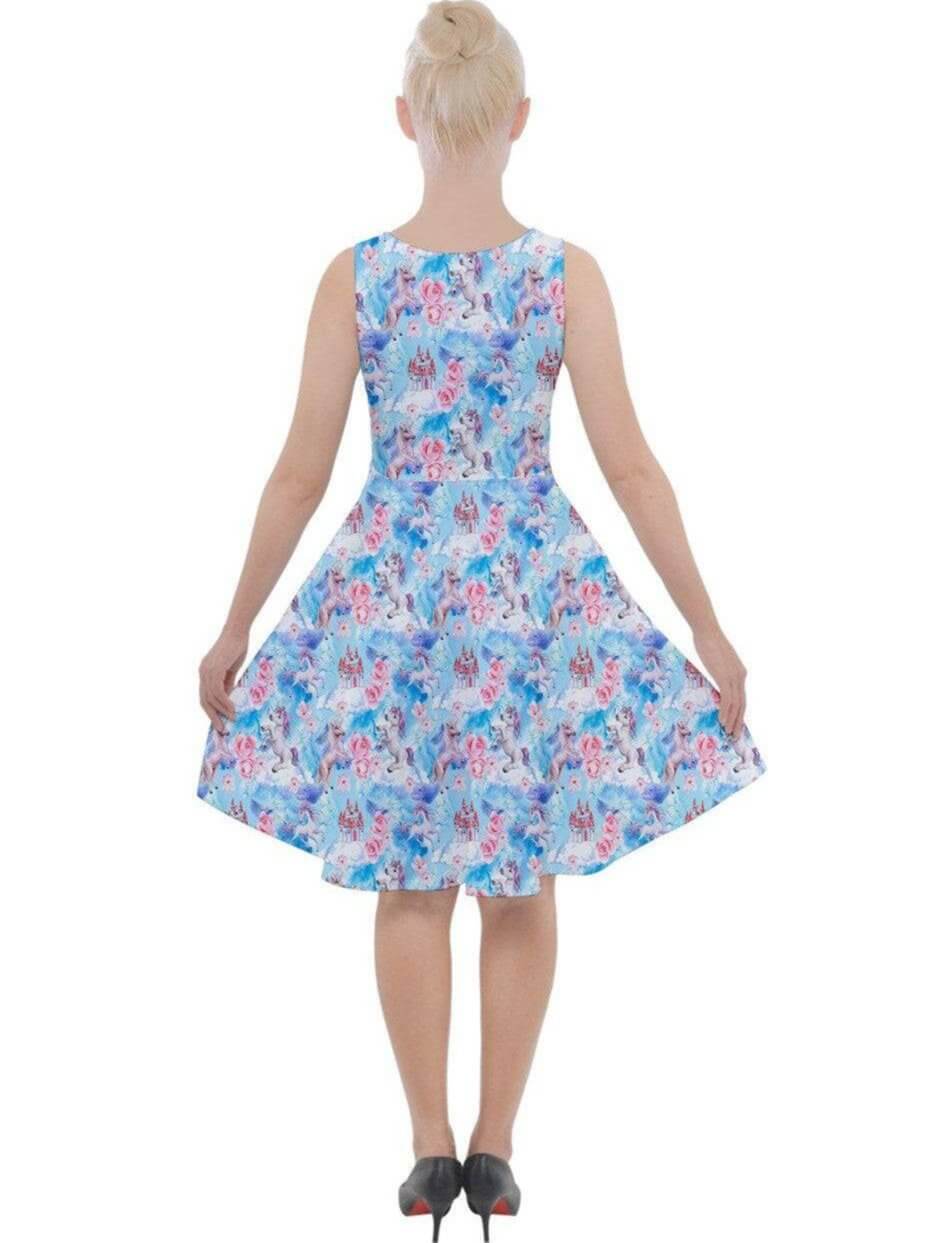 Back view of a knee-length skater dress in blue unicorn watercolour print, featuring a fit and flare design.