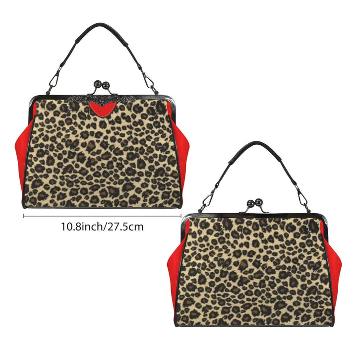 Vintage Kisslock Handbag with bold leopard print and red accents, measuring 10.8 inches, perfect for retro fashion lovers.