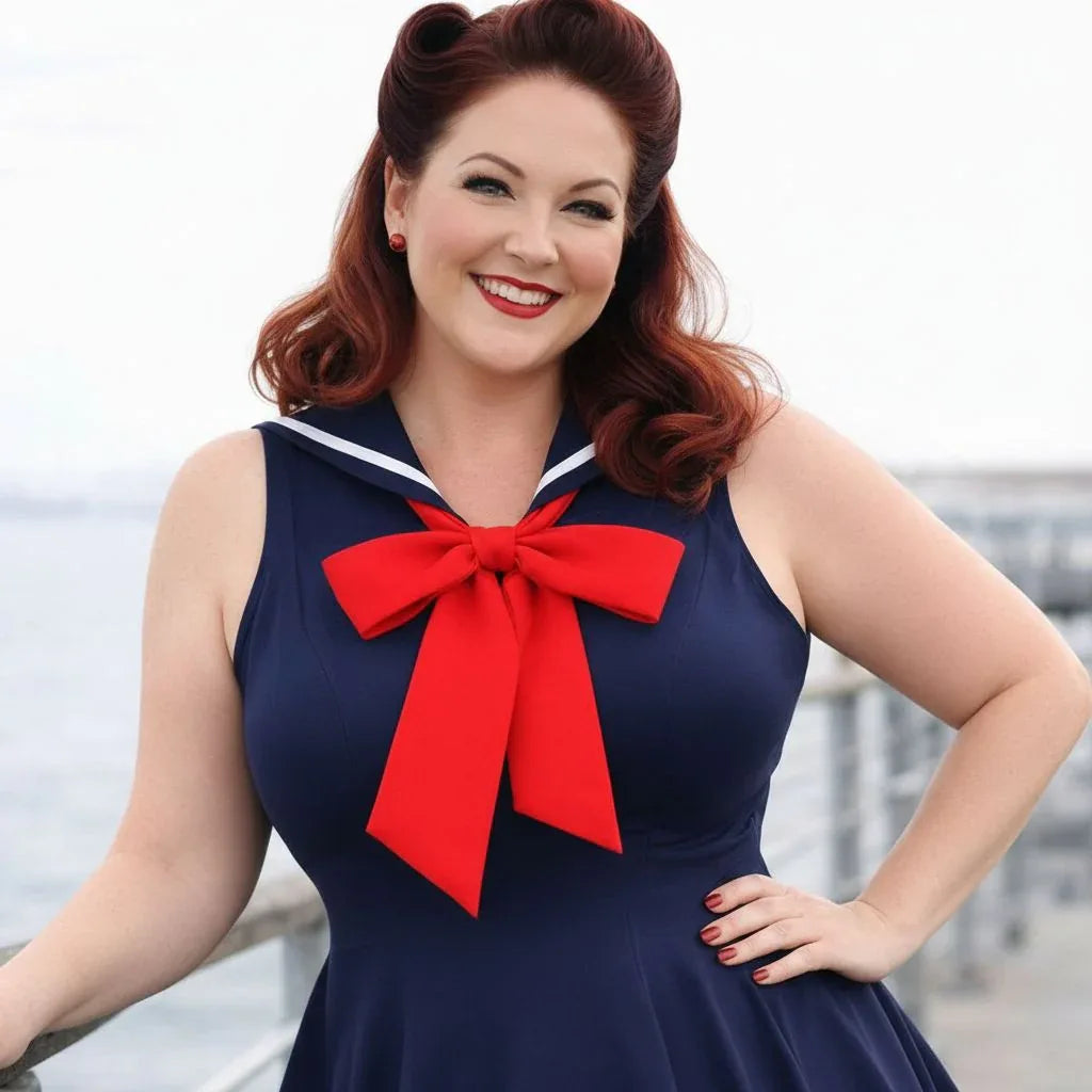 Robe évasée « Navy Sailor Bow » – Inspirée du style vintage (TP–XXL)