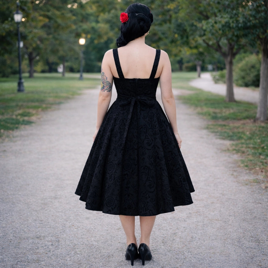 Black Damask 1950s Swing Dress