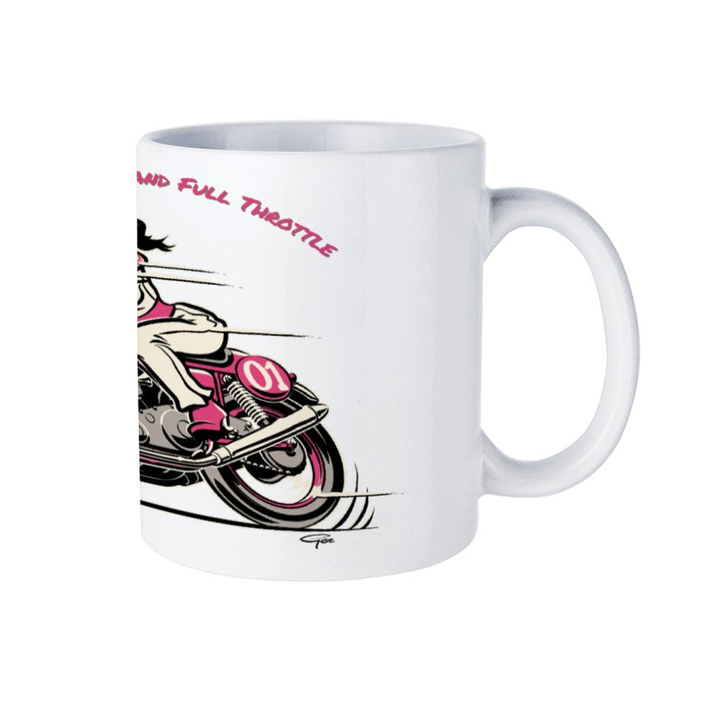 Fierce Fabulous Full Throttle White Mug with retro motorcycle design, perfect for coffee or tea. 16.9 oz capacity.