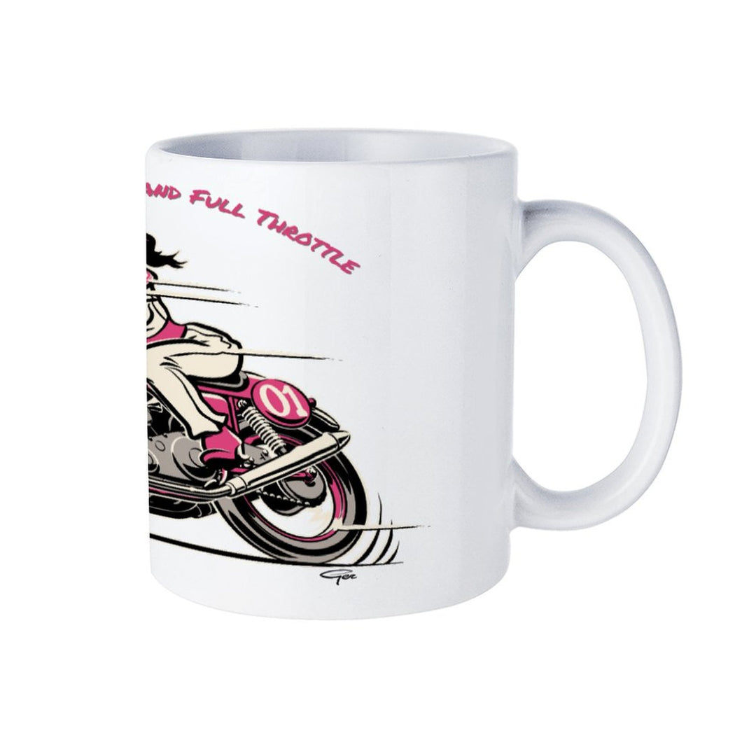 Fierce Fabulous Full Throttle White Mug with retro motorcycle design, perfect for coffee or tea. 16.9 oz capacity.