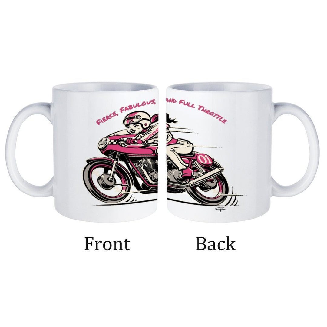 Fierce Fabulous Full Throttle retro coffee mug featuring a stylish design with a woman on a motorcycle.