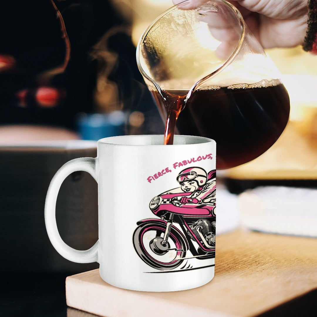 Ceramic Fierce Fabulous Full Throttle white mug being filled with coffee, showcasing a retro design.