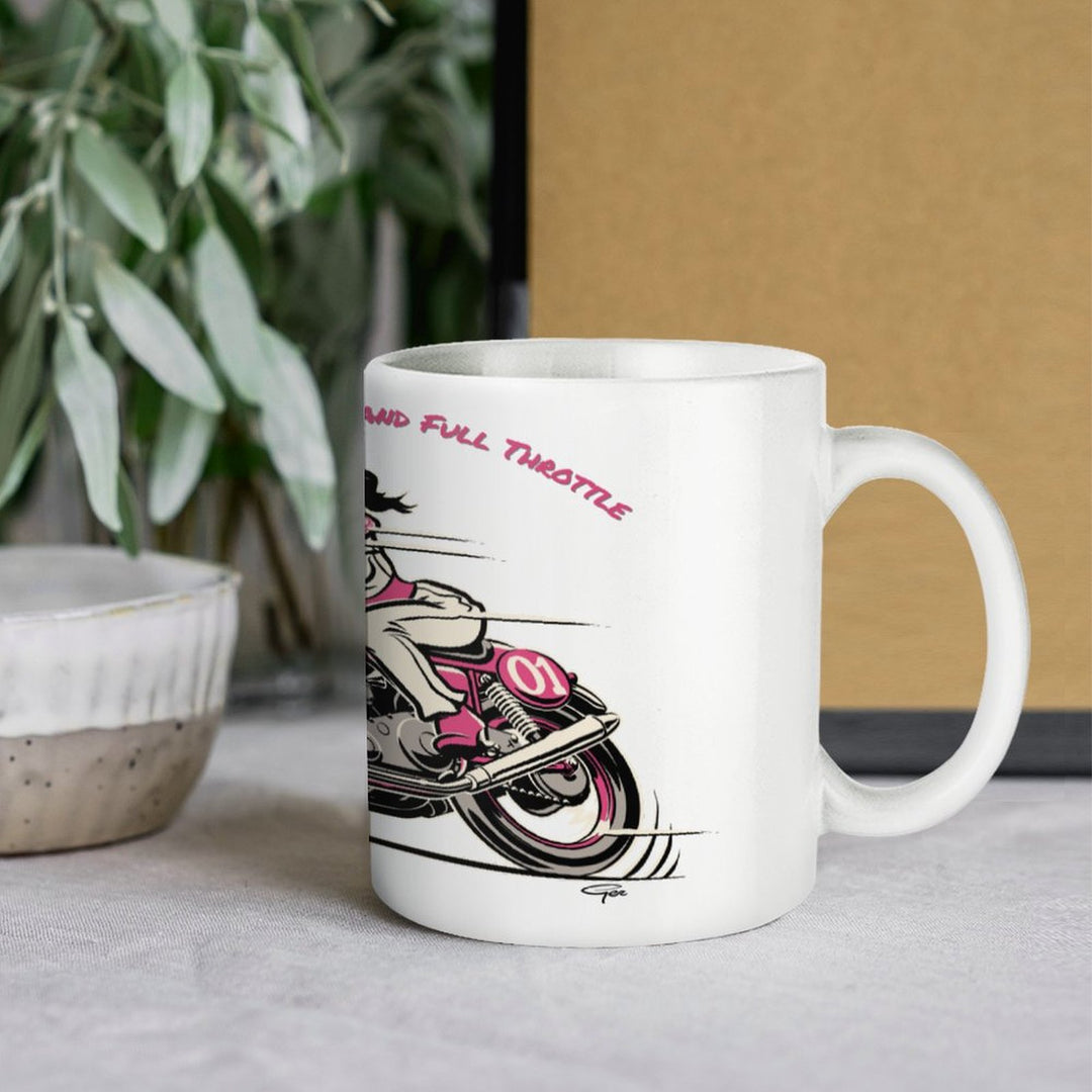 Fierce Fabulous Full Throttle white ceramic mug with retro motorcycle design, perfect for coffee lovers.