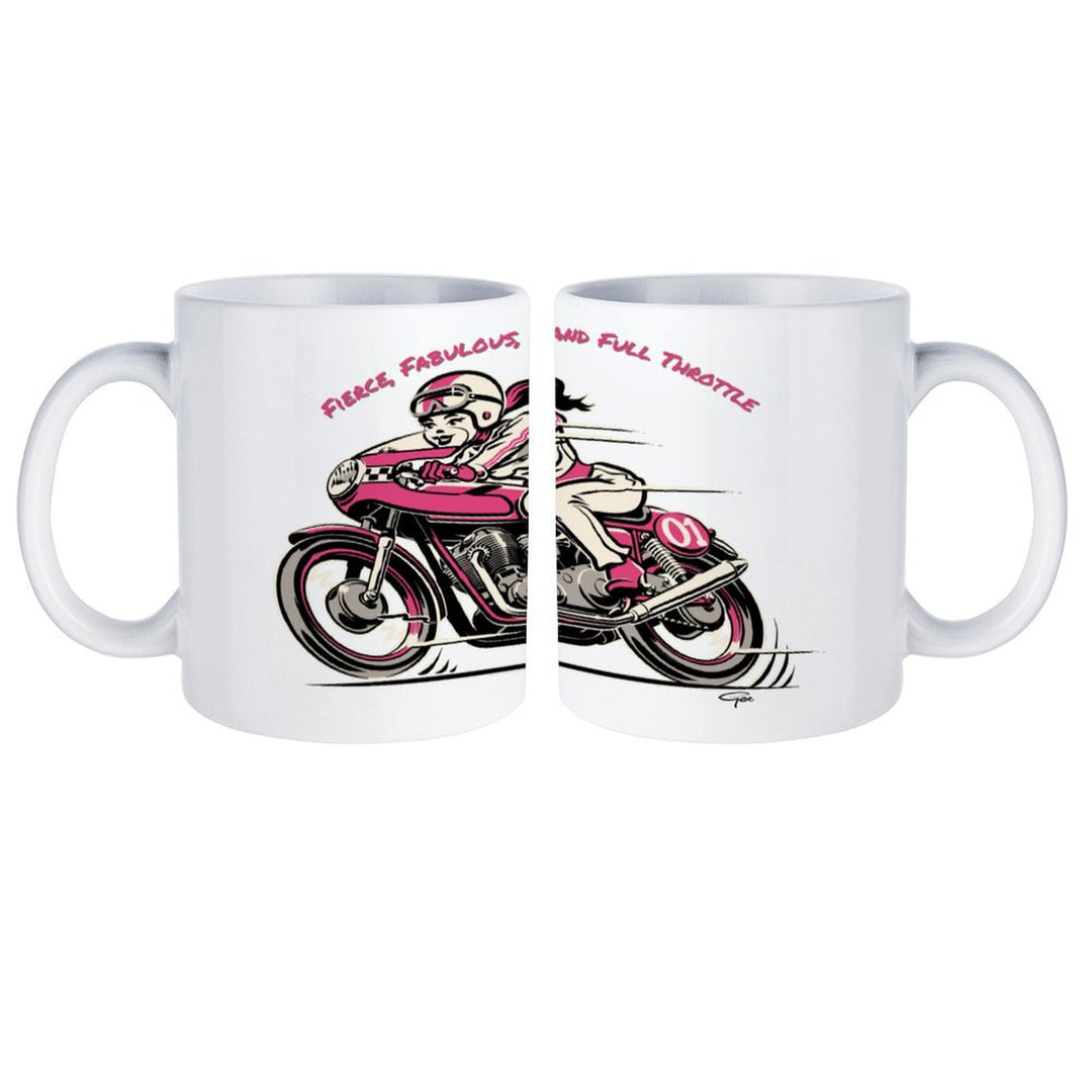 Fierce Fabulous Full Throttle white ceramic mug with retro motorcycle design, perfect for coffee enthusiasts.