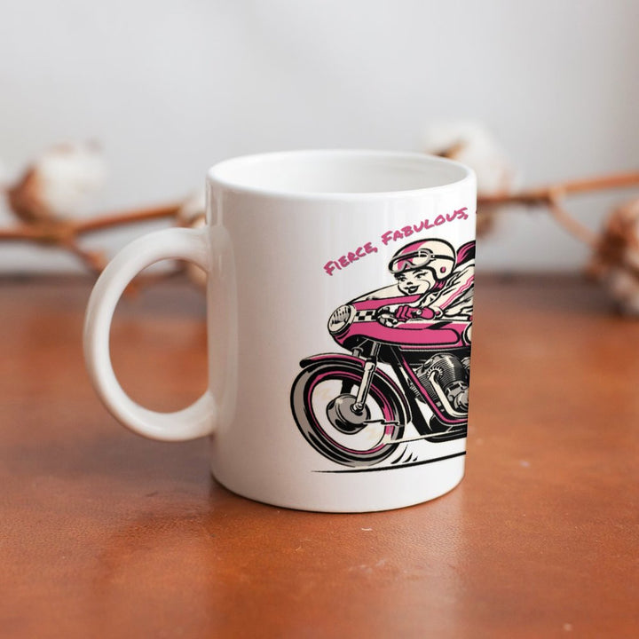 Fierce Fabulous Full Throttle white ceramic mug featuring a retro biker design, perfect for coffee or tea.
