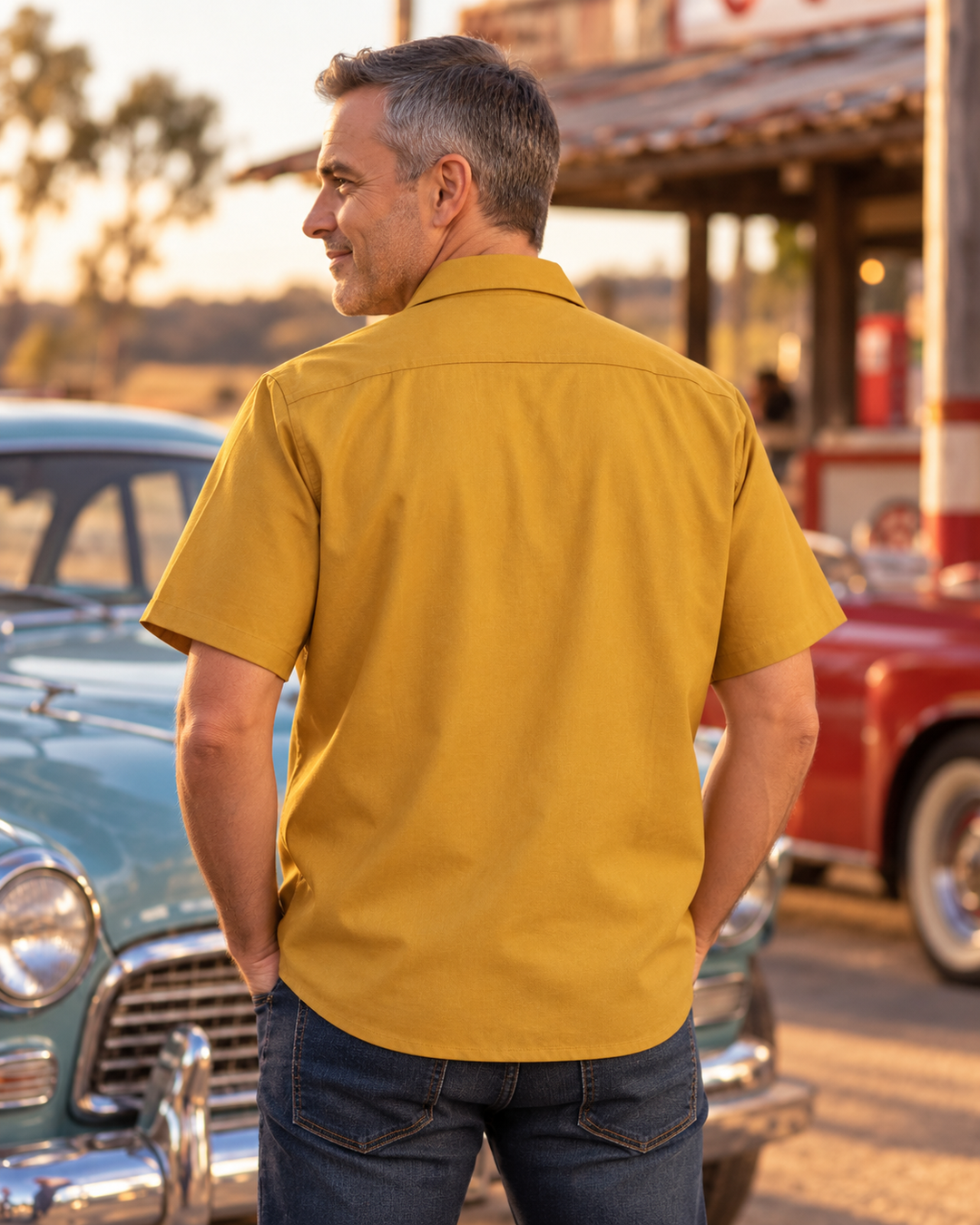 Rear view of mustard men's bowling shirt at vintage car venue