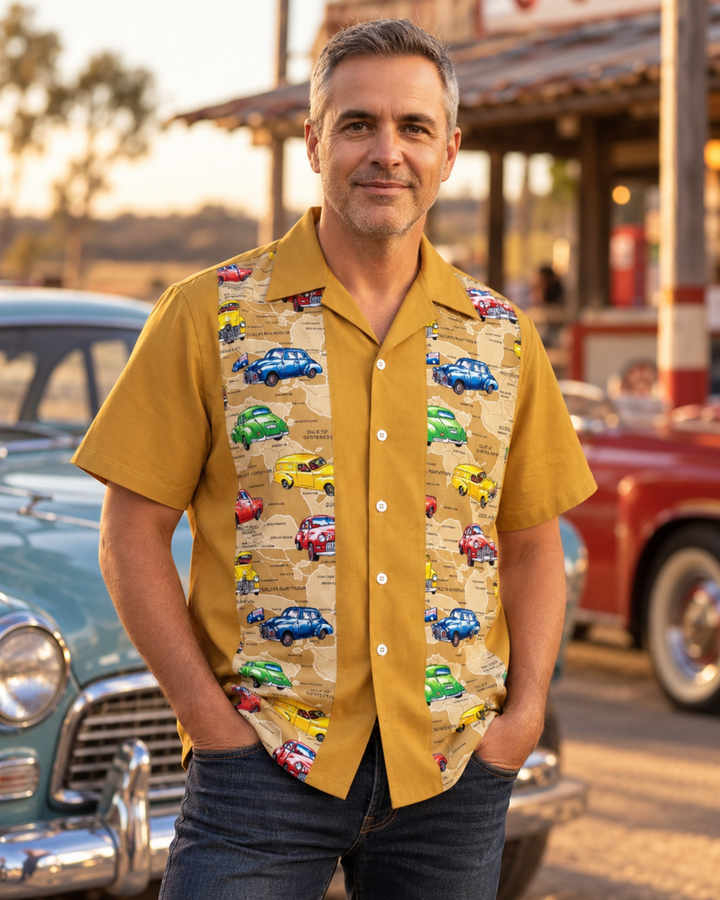 Man wearing mustard FJ Holden car print shirt at vintage car venue