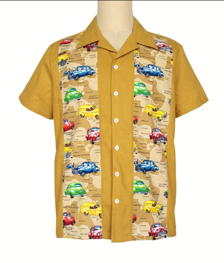 Mustard FJ Holden men's retro bowling shirt, front view
