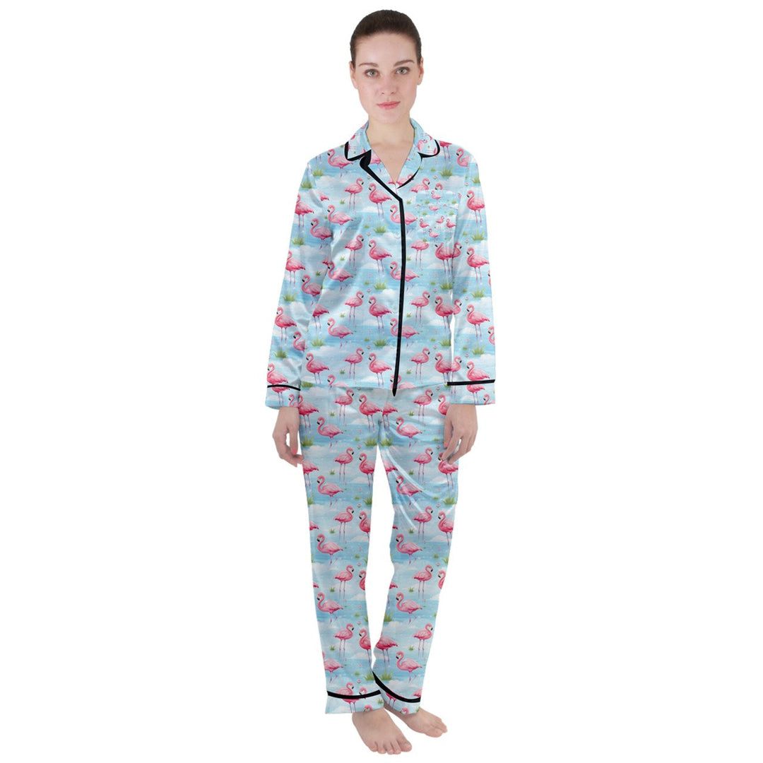 Flamingo Dreams Blue Women's Long Sleeve Satin Pyjamas Set