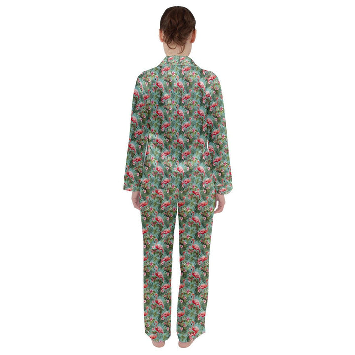 Flamingo Dreams Green Women's Long Sleeve Satin Pyjamas Set