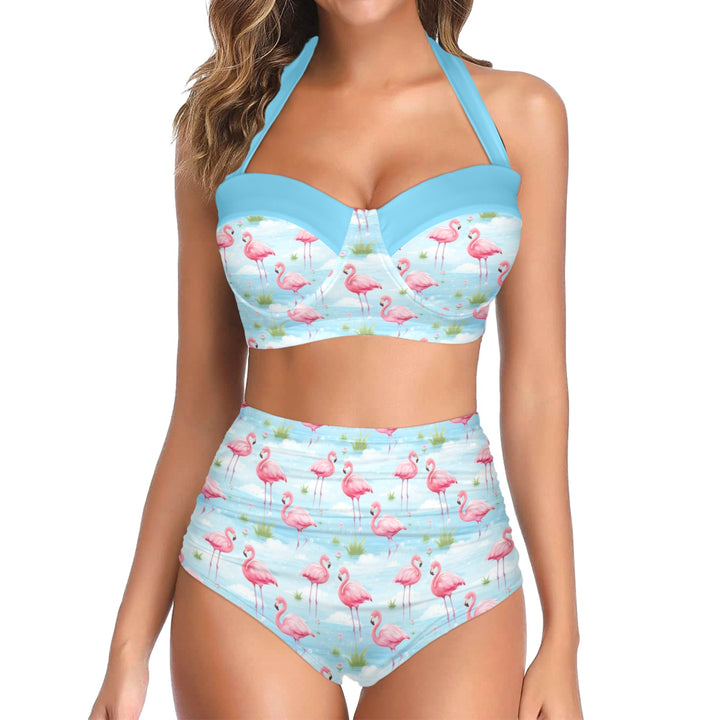 Flamingo Dreams high waist bikini separates in retro style, featuring a blue top and pink flamingo print.