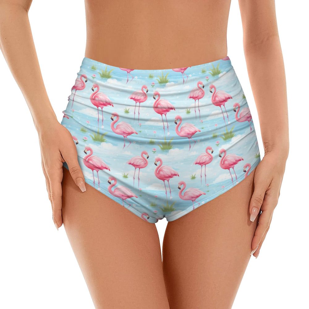 Flamingo Dreams high waist bikini separates featuring a vibrant flamingo print on a light blue background.