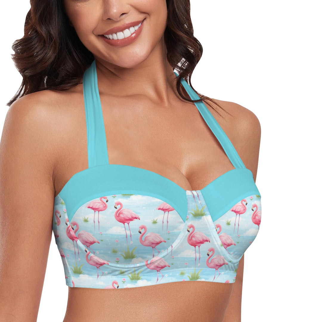 Woman wearing a Flamingo Dreams high waist bikini top with vibrant flamingo print and aqua straps, perfect for summer.
