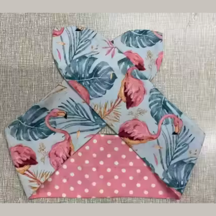 Flamingo Wired Hair Tie with tropical print in blue and pink, featuring a polka dot base, perfect for a stylish hair accessory.