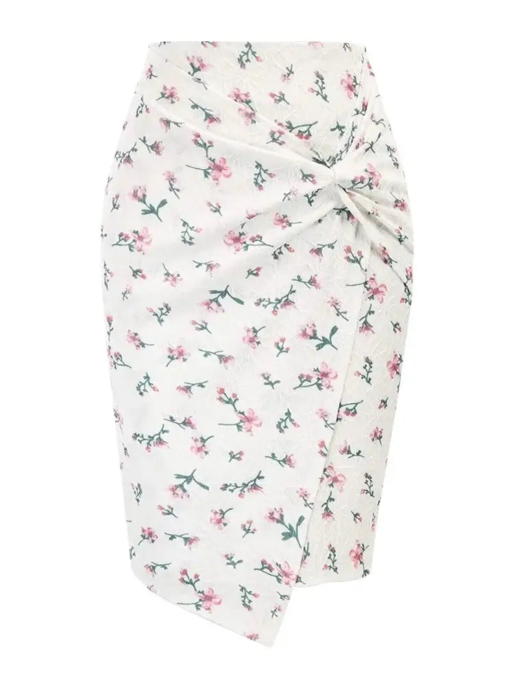 Floral Twist High Waist Pencil Skirt with asymmetric twist and rear zipper, featuring a chic floral print.