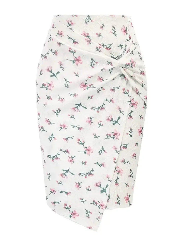 Floral Twist High Waist Pencil Skirt with asymmetric twist and rear zipper, featuring a chic floral print.