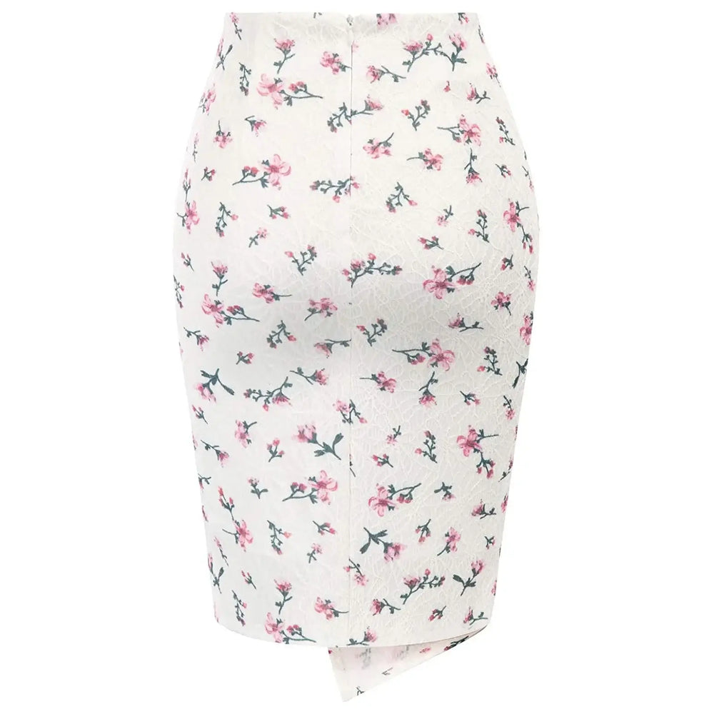 Floral twist high waist pencil skirt in white with pink flowers, featuring a slim fit and asymmetric design.