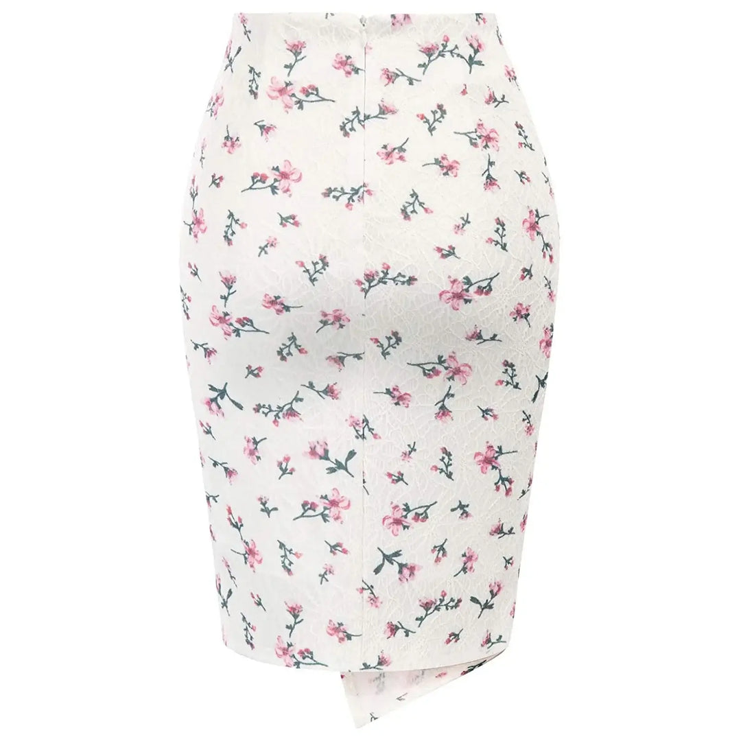 Floral twist high waist pencil skirt in white with pink flowers, featuring a slim fit and asymmetric design.