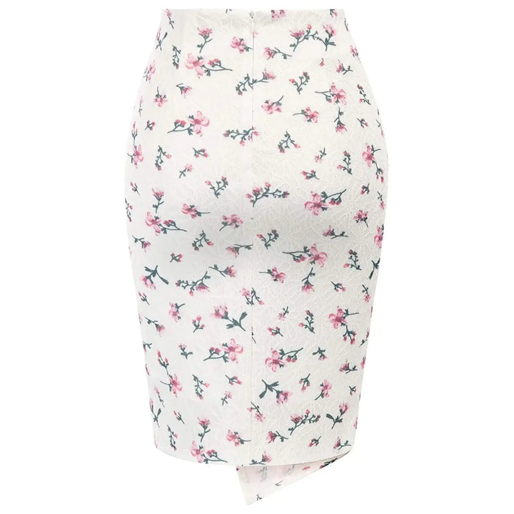 Floral twist high waist pencil skirt in white with pink flowers, featuring a slim fit and asymmetric design.