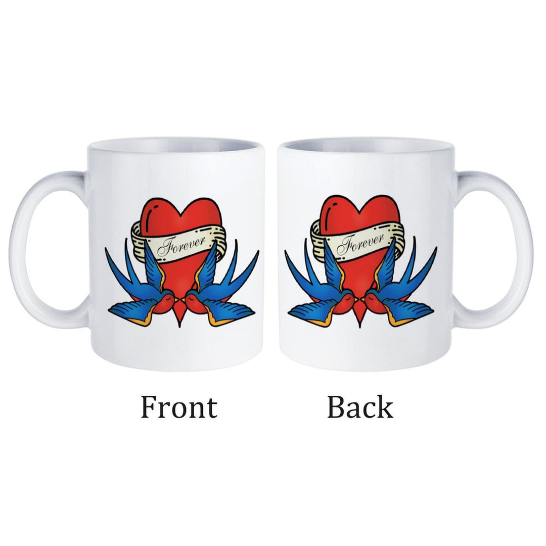 Forever White Mug showcasing a heart and swallow design, available from front and back views.