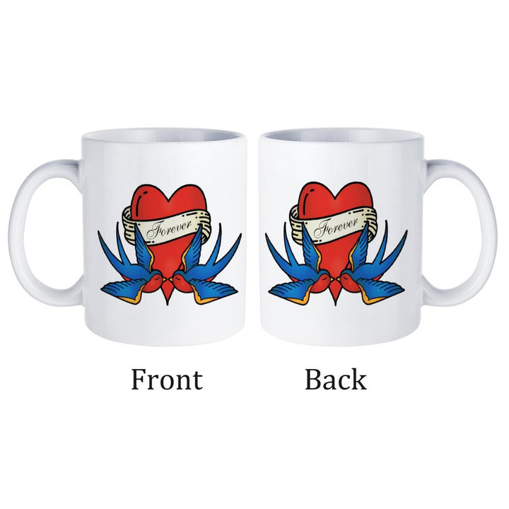 Forever White Mug showcasing a heart and swallow design, available from front and back views.