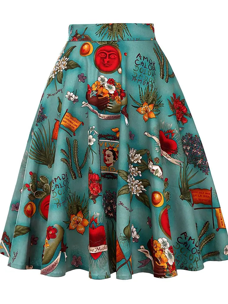 Frida Kahlo inspired vibrant flared skirt with floral and artistic prints in knee-length cotton, perfect for any stylish occasion.
