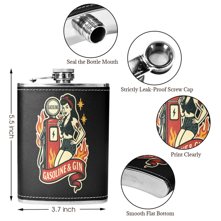 Gasoline & Gin 8 oz Black Hip Flask featuring a leak-proof screw cap and retro design, ideal for hip flask Australia.