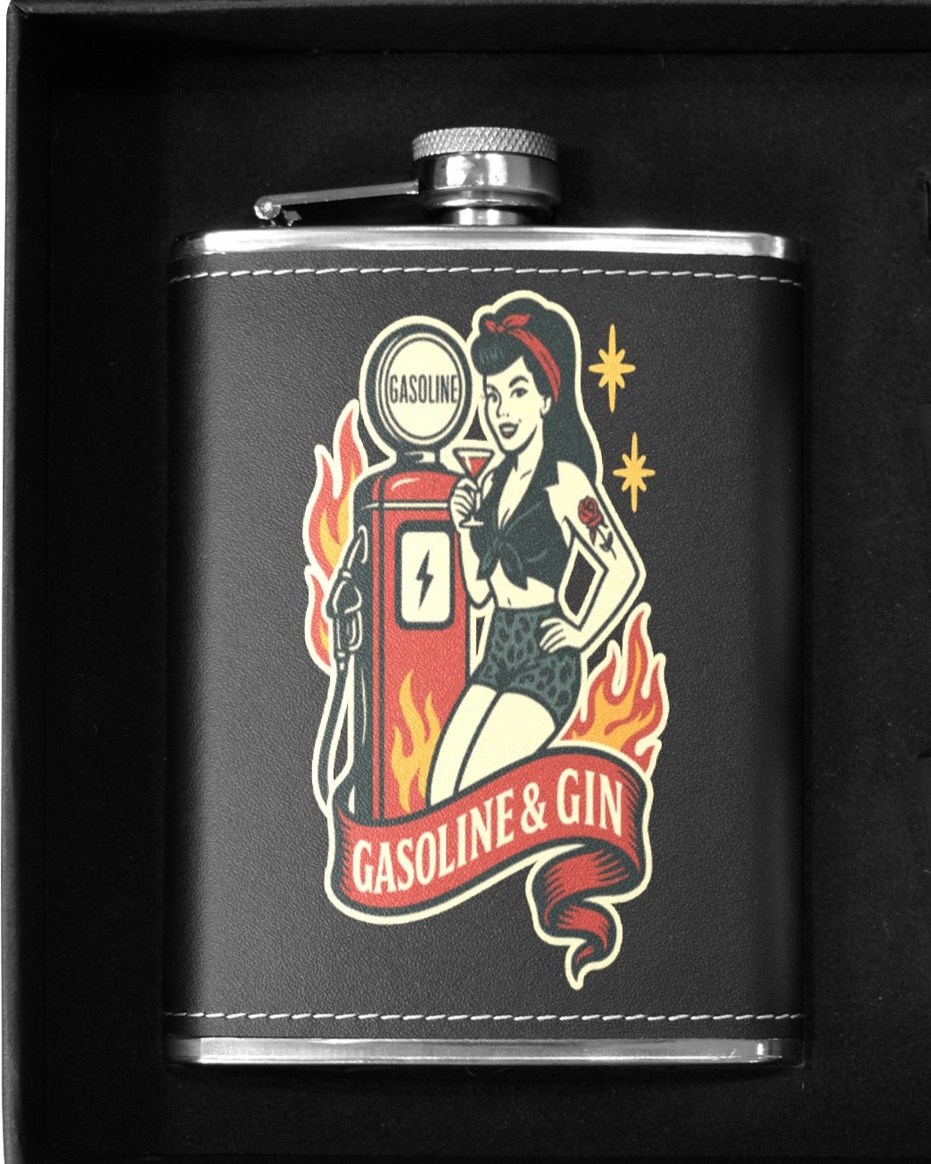 8 oz black hip flask featuring retro 'Gasoline & Gin' design with a woman and flames, ideal for stylish drinking in Australia.